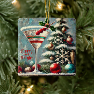 Retro 50er Cranberry-Schneeflocken Weihnachts-Mart Keramikornament