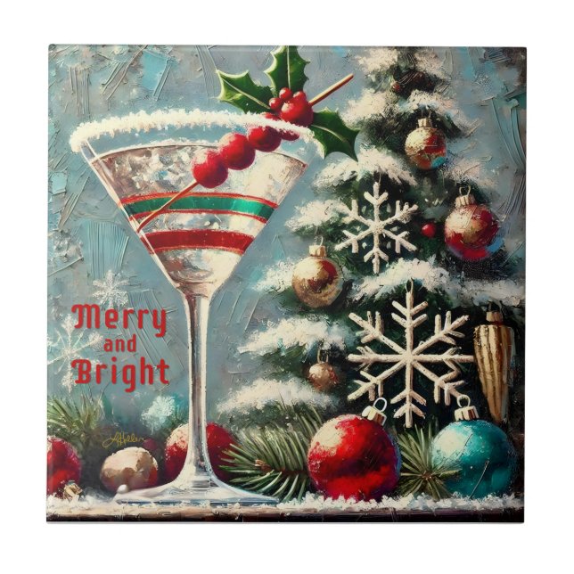 Retro 50er Cranberry Snowflake Weihnachten Martini Fliese (Vorderseite)