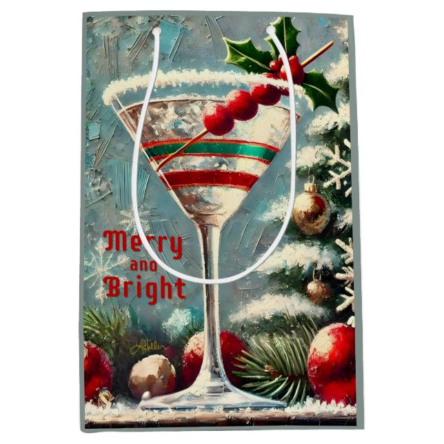 Retro 50er Cranberry Snowflake Weihnachten Martini Mittlere Geschenktüte (Vorderseite)
