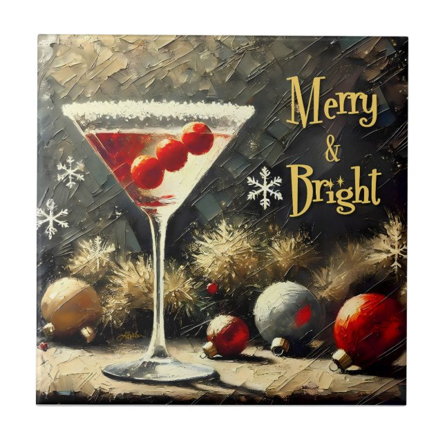 Retro 50er Dreifach-Kranbeeren-Weihnachts-Martini Fliese (Vorderseite)