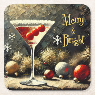 Retro 50er Dreifach-Kranbeeren-Weihnachts-Martini Rechteckiger Pappuntersetzer