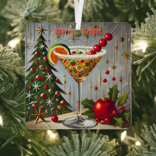 Retro 50er Fröhliche Weihnachts-Cocktail Süßigkeit Ornament Aus Metall