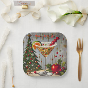 Retro 50er Fröhliche Weihnachts-Cocktail Süßigkeit Pappteller