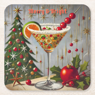 Retro 50er Fröhliche Weihnachts-Cocktail Süßigkeit Rechteckiger Pappuntersetzer