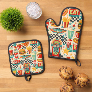 Retro-50er-Jahre-Diner-Klassiker-Ofenhandschuh und Ofenhandschuh & Topflappen-Set