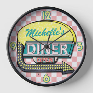 Retro 50er-Jahre-Diner-Schild Rosa Türkis Personal Uhr