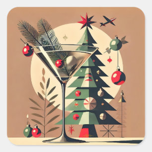 Retro 50er Jahre Jet Set Weihnachtsbaum Martini Quadratischer Aufkleber