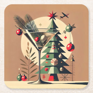 Retro 50er Jahre Jet Set Weihnachtsbaum Martini Rechteckiger Pappuntersetzer