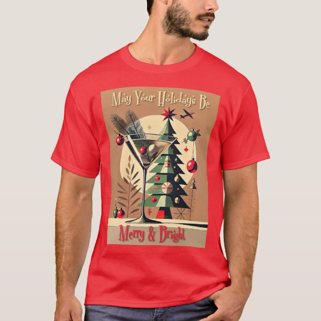 Retro 50er Jahre Jet Set Weihnachtsbaum Martini T-Shirt (Vorderseite)