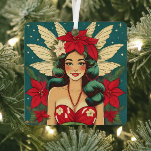 Retro 50er Jahre Tropisches Weihnachten Pin-Up Gir Ornament Aus Metall