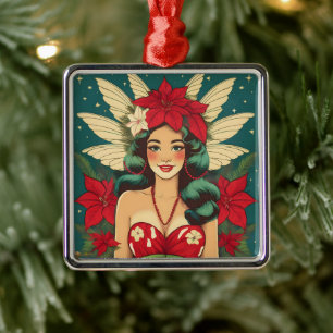 Retro 50er Jahre Tropisches Weihnachten Pin-Up Gir Ornament Aus Metall