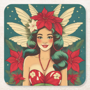 Retro 50er Jahre Tropisches Weihnachten Pin-Up Gir Rechteckiger Pappuntersetzer