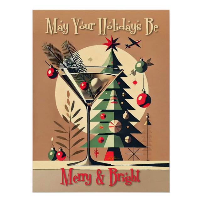 Retro 50er Jet Set Weihnachtsbaum Martini Poster (Vorderseite)