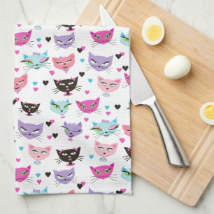 Retro 50er Kitty Mädchen Katze Herzen Schleifen Kü Geschirrtuch
