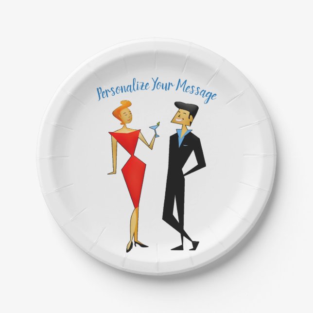 Retro 50er Man Woman Couple Cocktail Party Pappteller (Vorderseite)