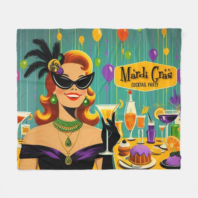Retro 50er Mardi Gras Cocktailparty Fleecedecke (Vorderseite (Horizontal))