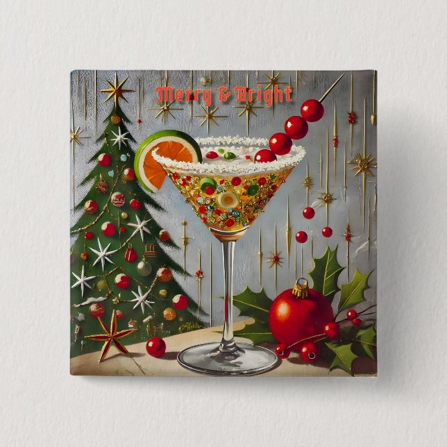 Retro 50er Merry Bright Christmas Candy Cocktail Button (Vorderseite)
