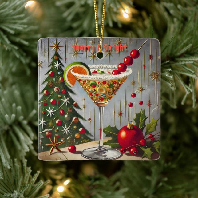 Retro 50er Merry Bright Christmas Candy Cocktail Keramikornament (Baum)