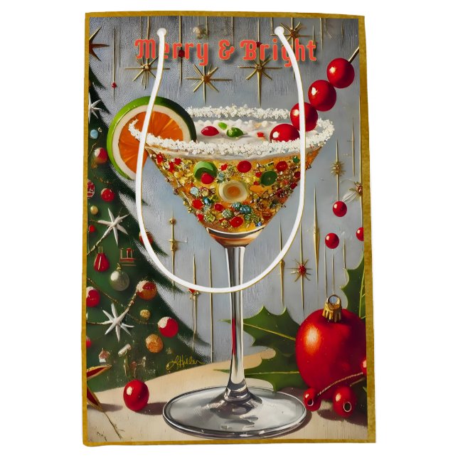 Retro 50er Merry Bright Christmas Candy Cocktail Mittlere Geschenktüte (Vorderseite)