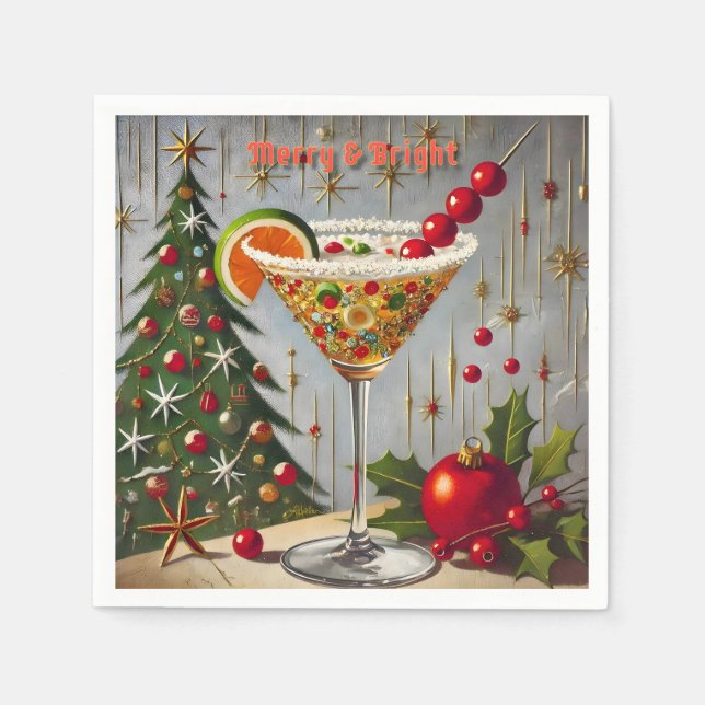 Retro 50er Merry Bright Christmas Candy Cocktail Serviette (Vorderseite)