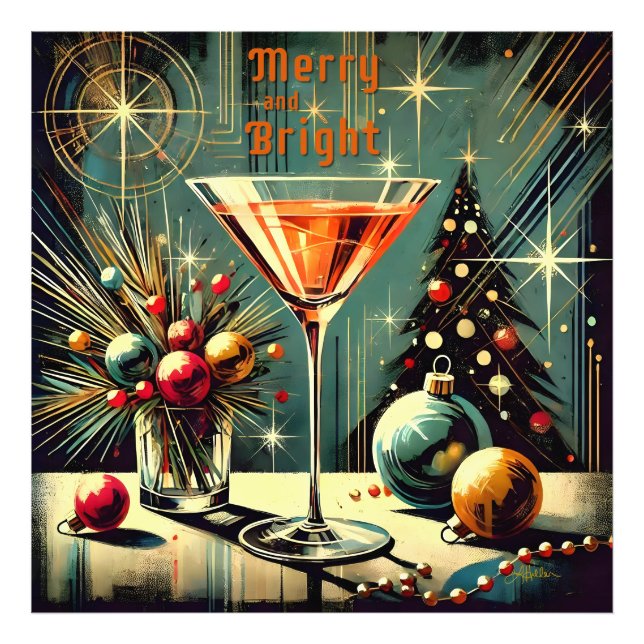 Retro 50er Merry & Bright Christmas Martini Fotodruck (Vorne)