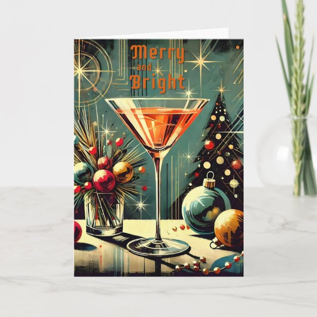 Retro 50er Merry & Bright Christmas Martini Karte (Vorderseite)