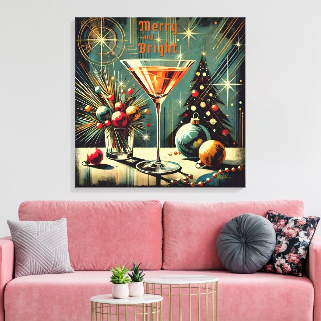 Retro 50er Merry & Bright Christmas Martini Leinwanddruck (Insitu (Wohnzimmer))