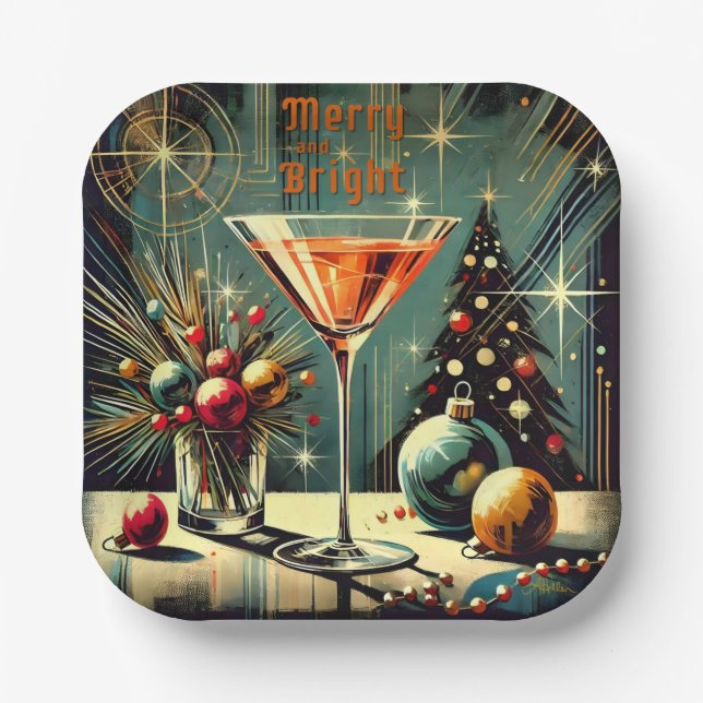 Retro 50er Merry & Bright Christmas Martini Pappteller (Vorderseite)