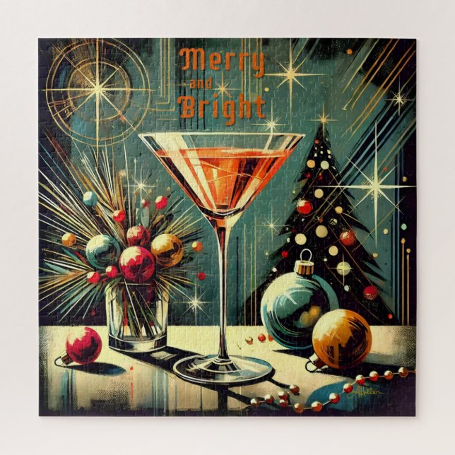 Retro 50er Merry & Bright Christmas Martini Puzzle (Vertikal)