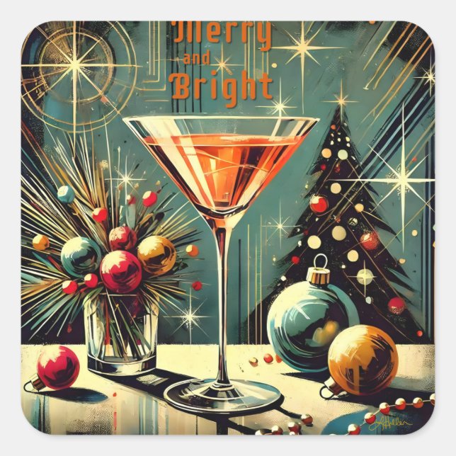 Retro 50er Merry & Bright Christmas Martini Quadratischer Aufkleber (Vorderseite)