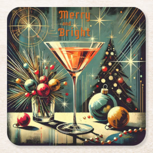 Retro 50er Merry & Bright Christmas Martini Rechteckiger Pappuntersetzer