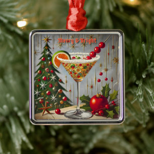 Retro 50er Merry Bright Weihnachtsbonbon-Cocktail Ornament Aus Metall