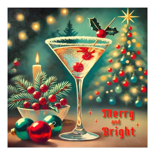 Retro 50er Merry Bright Weihnachtscocktail Martini Fotodruck (Vorne)