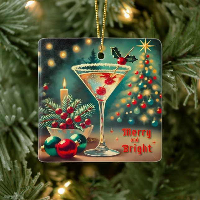 Retro 50er Merry Bright Weihnachtscocktail Martini Keramikornament (Baum)