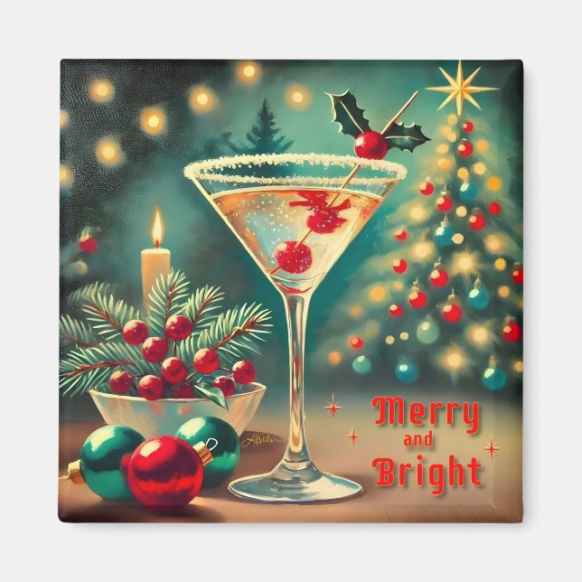 Retro 50er Merry Bright Weihnachtscocktail Martini Magnet (Vorne)