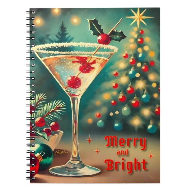 Retro 50er Merry Bright Weihnachtscocktail Martini Notizblock (Vorderseite)