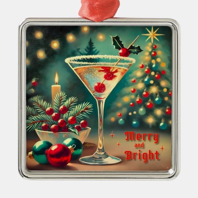 Retro 50er Merry Bright Weihnachtscocktail Martini Ornament Aus Metall (Vorne)