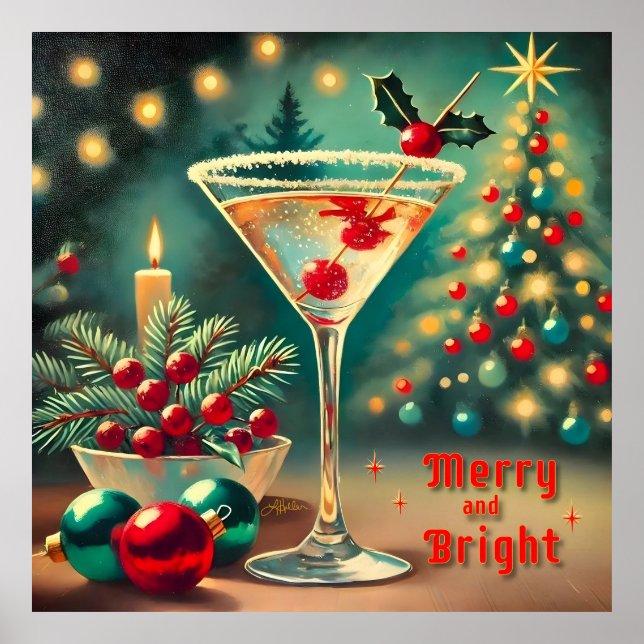 Retro 50er Merry Bright Weihnachtscocktail Martini Poster (Vorne)