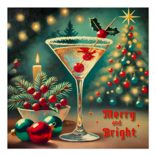 Retro 50er Merry Bright Weihnachtscocktail Martini Poster