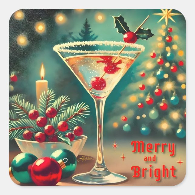 Retro 50er Merry Bright Weihnachtscocktail Martini Quadratischer Aufkleber (Vorderseite)