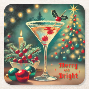 Retro 50er Merry Bright Weihnachtscocktail Martini Rechteckiger Pappuntersetzer