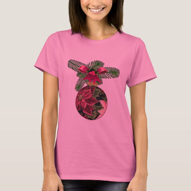 Retro 50er Poinsettia Burgund Ornament T-Shirt (Vorderseite)