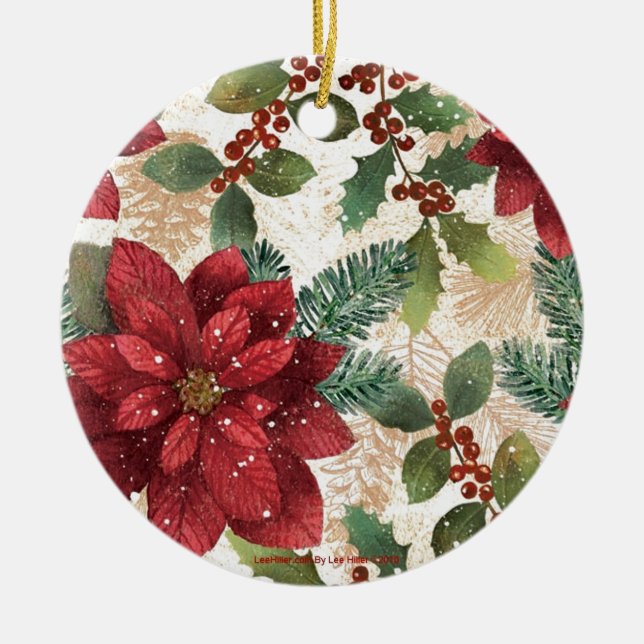 Retro 50er Poinsettia Rote Grüne Creme Keramikornament (Vorne)