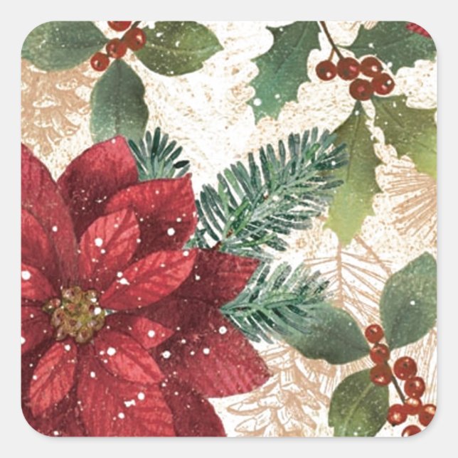 Retro 50er Poinsettia Rote Grüne Creme Quadratischer Aufkleber (Vorderseite)