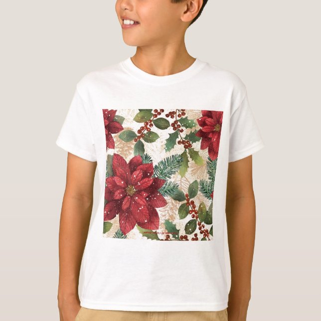 Retro 50er Poinsettia Rote Grüne Creme T-Shirt (Vorderseite)