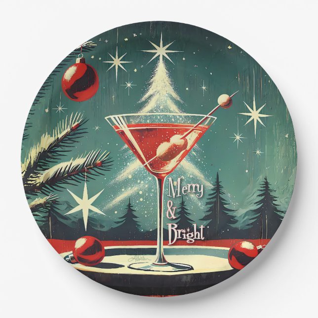 Retro 50er Schneegestöber Weihnachtsbaum Martini Pappteller (Vorderseite)