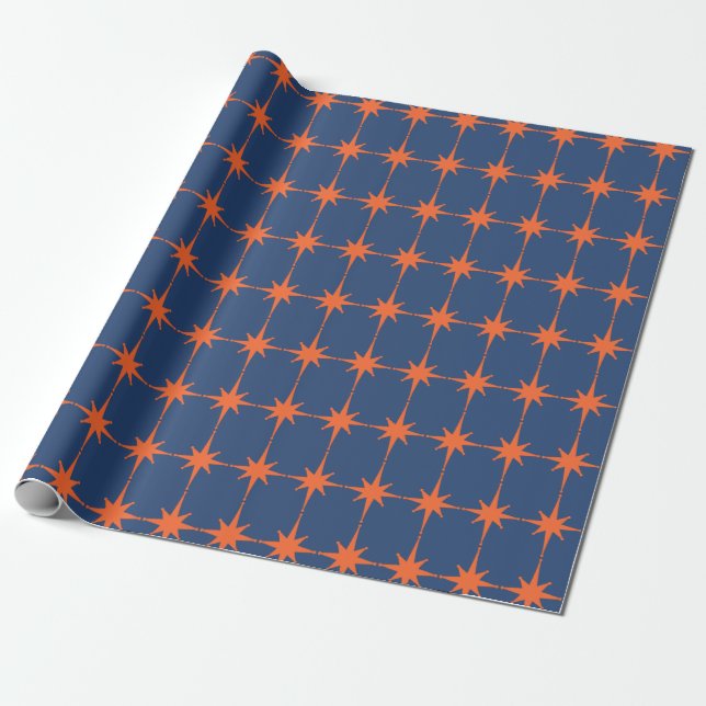 Retro 50er Sternexplosion Muster Orange und Blau Geschenkpapier (Ungerollt)