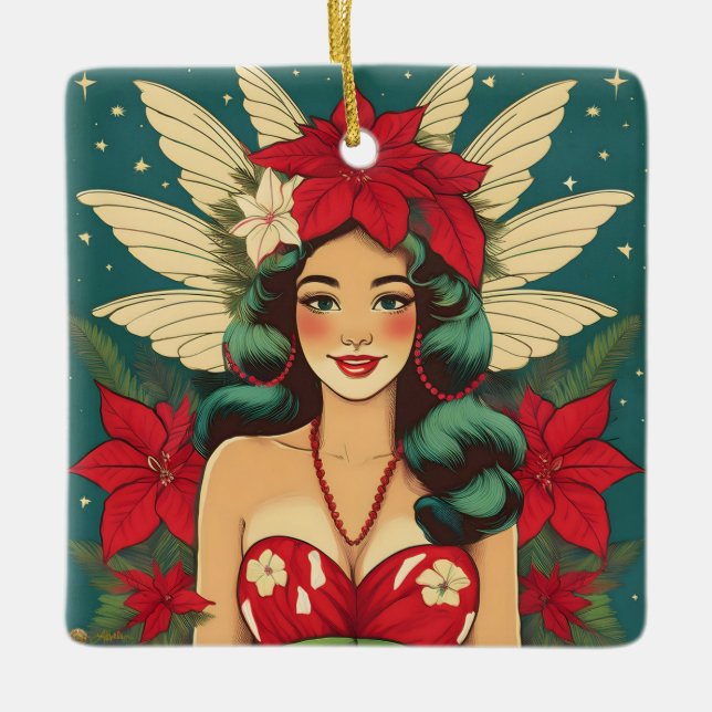Retro 50er Tropical Christmas Button-Up Girl Keramikornament (Vorderseite)