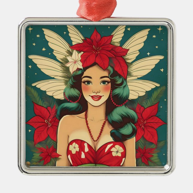 Retro 50er Tropical Christmas Button-Up Girl Ornament Aus Metall (Vorne)
