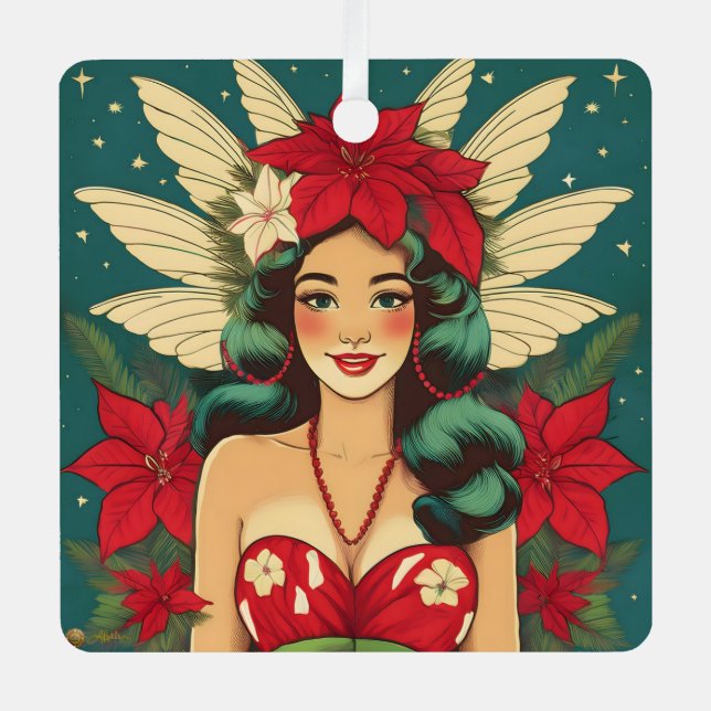 Retro 50er Tropical Christmas Button-Up Girl Ornament Aus Metall (Vorderseite)